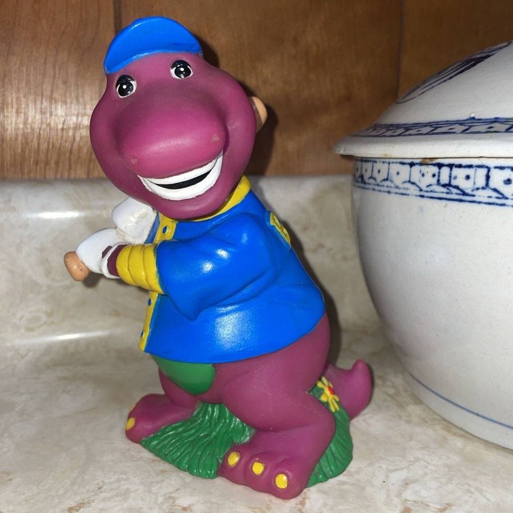 VTG Barney the Purple Dinosaur Plastic Piggy Bank Batting‎ Baseball Lyons Group